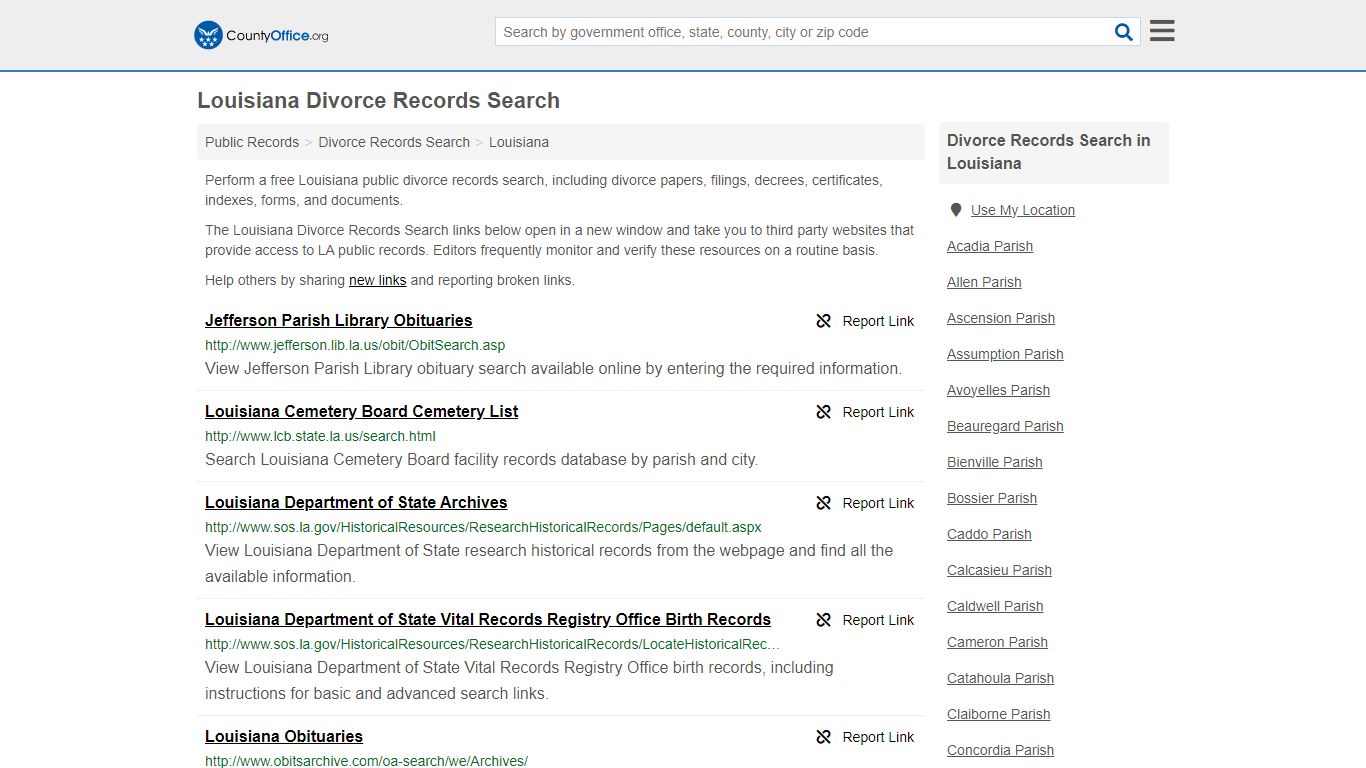 Louisiana Divorce Records Search - County Office