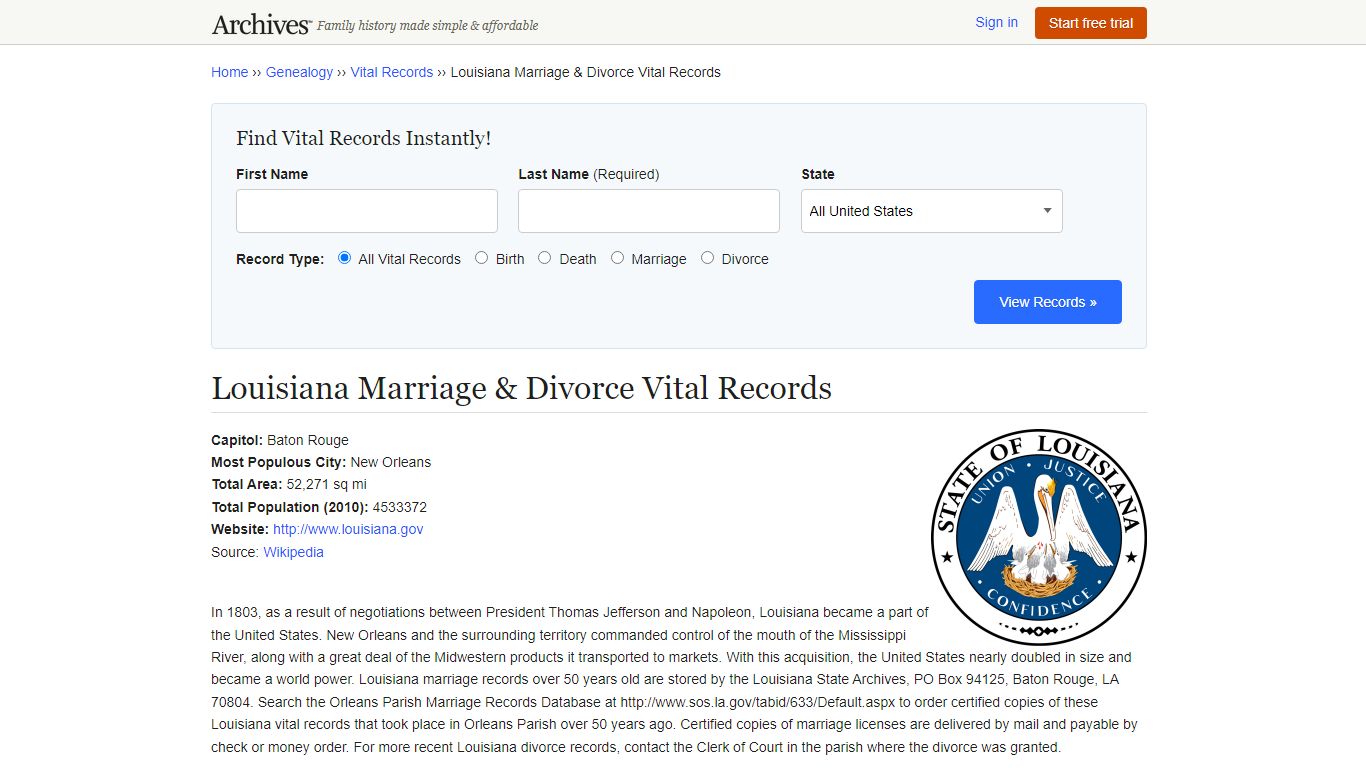 Louisiana Marriage & Divorce Vital Records - Archives.com